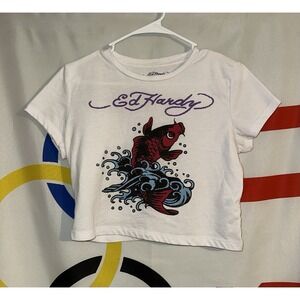 Ed Hardy T Shirt Womens Large Baby Tee White Fish Y2K
